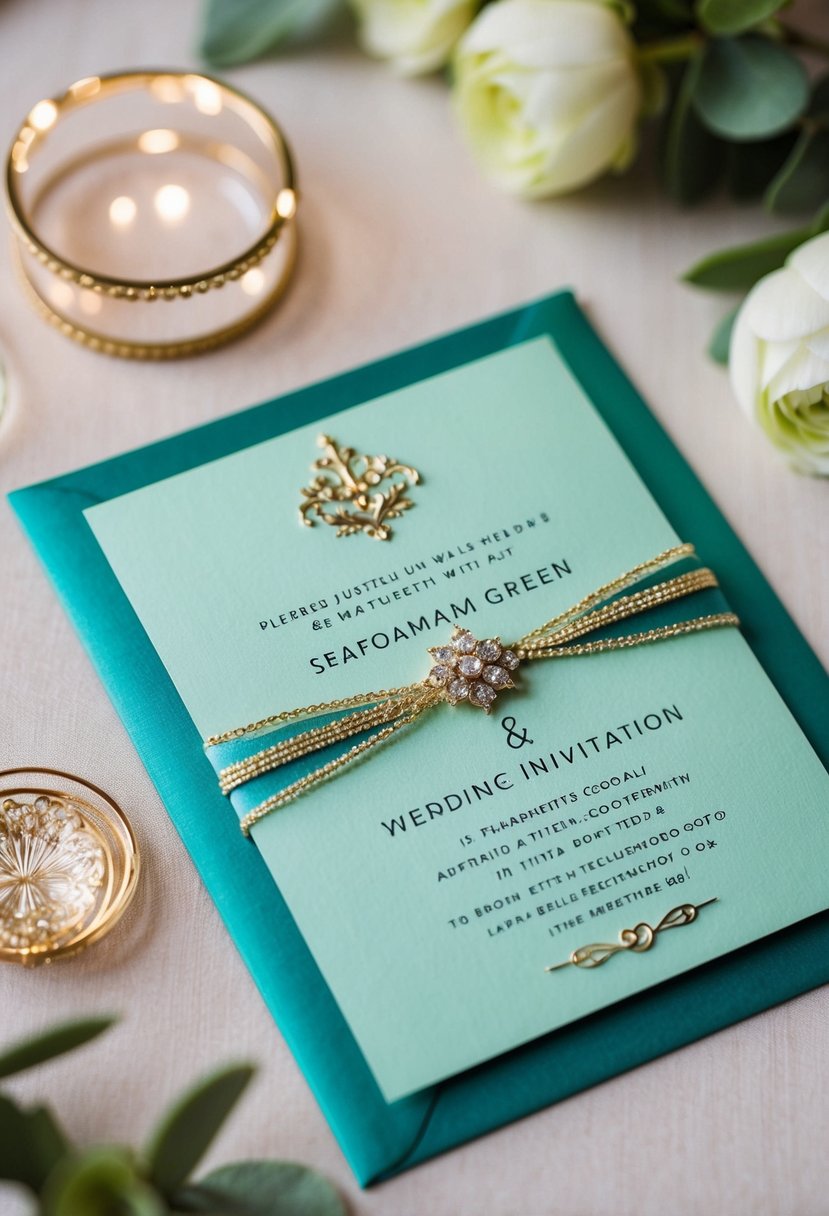 A seafoam green wedding invitation with elegant gold accents