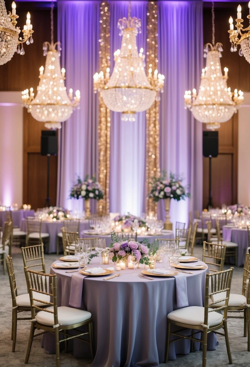 A lavish wedding reception adorned with gold accents, featuring a color palette of lavender and sage purple, and sage green