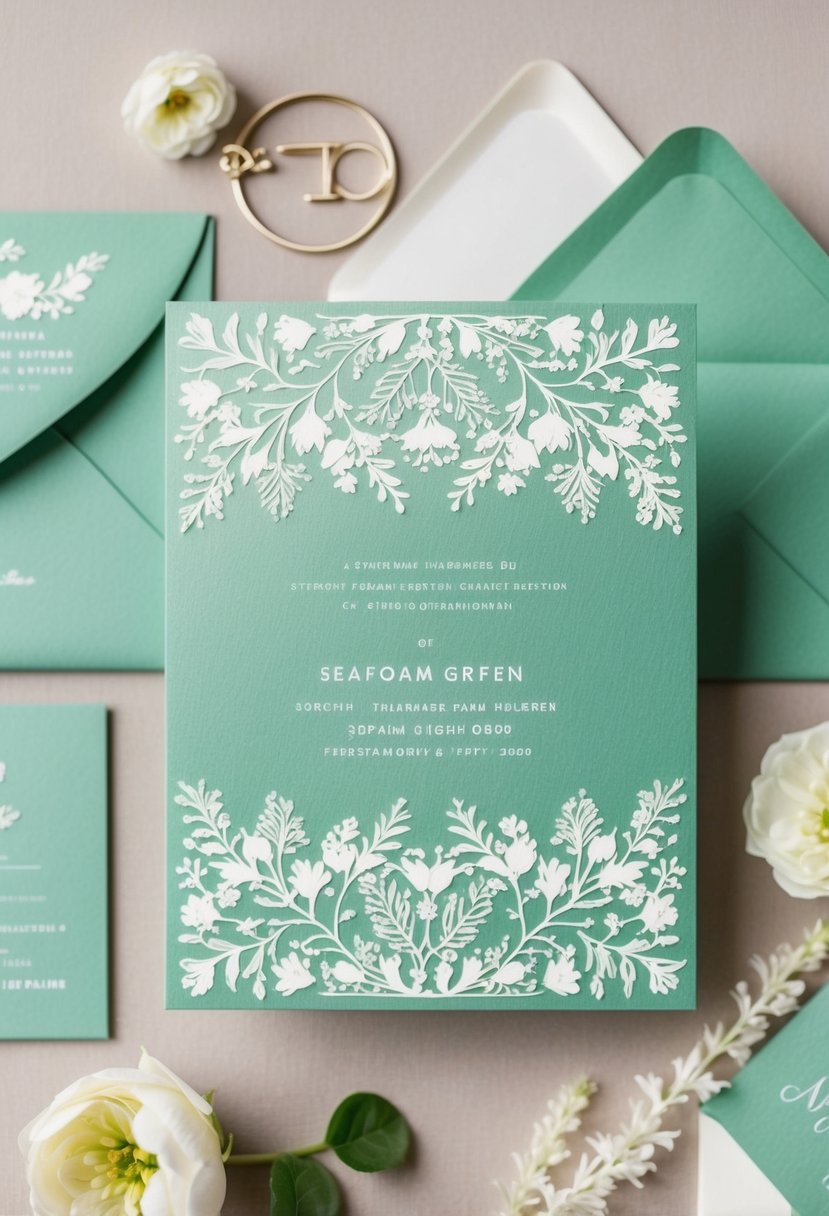 A seafoam green stationery set adorned with delicate white floral patterns for wedding invitations