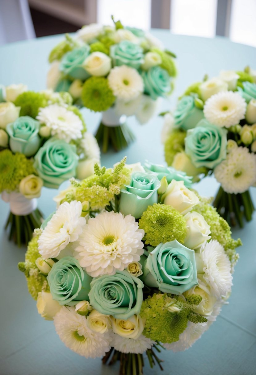 Seafoam green flowers arranged in elegant bridal bouquets, complementing the wedding color scheme with a soft and romantic touch