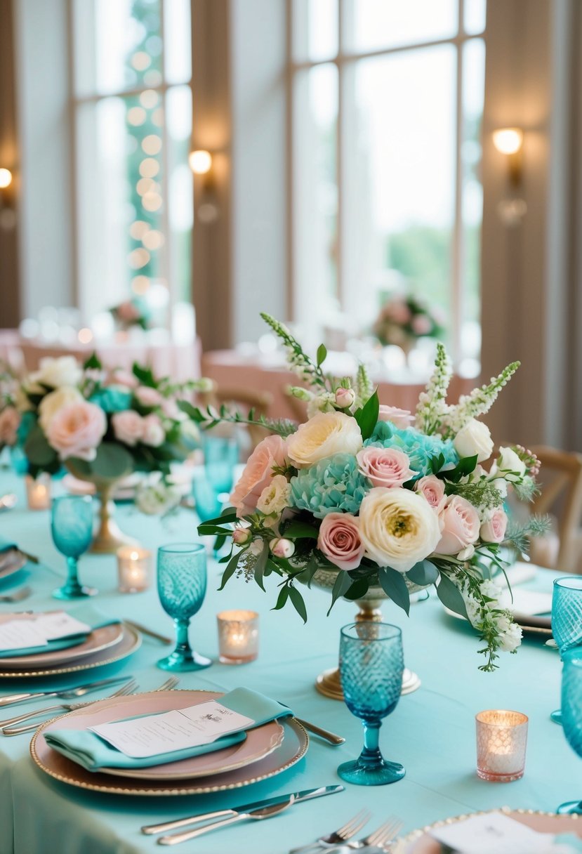 A tiffany blue and dusty pink wedding scene with floral decor and elegant table settings