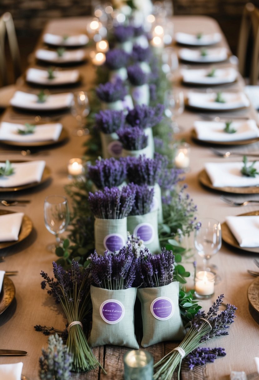 A table adorned with lavender sachets in purple and sage green, arranged in a rustic wedding setting