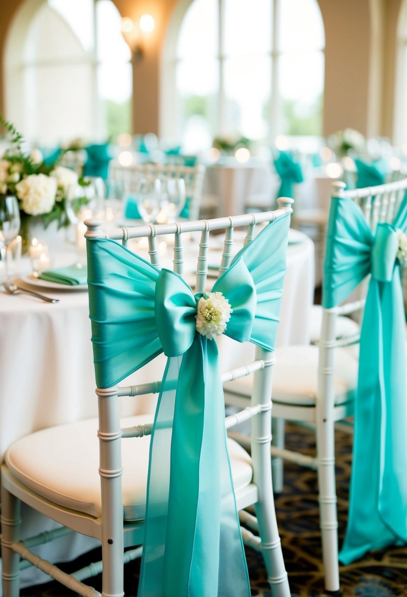 Seafoam green chair sashes adorn the elegant wedding venue, adding a touch of tranquil beauty to the setting