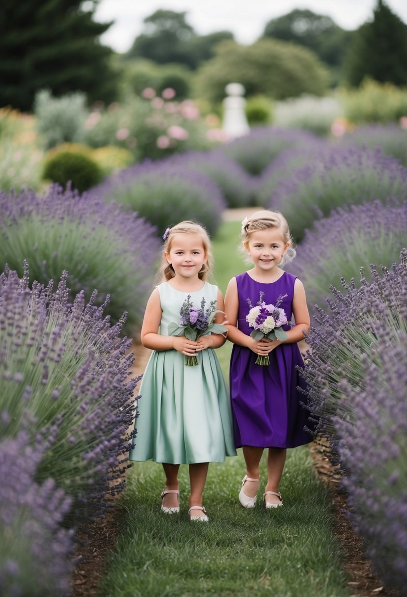 A garden filled with lavender and sage, with flower girls in purple and sage green dresses