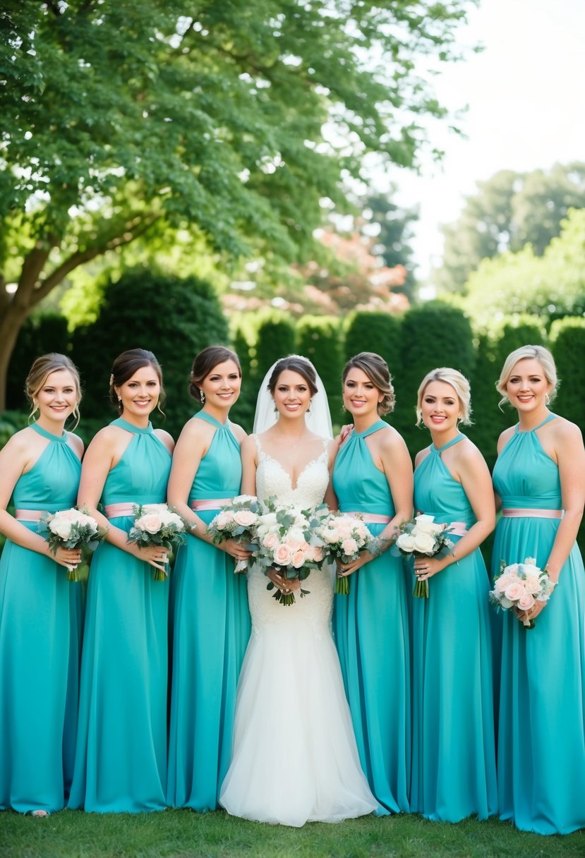 Tiffany Blue bridesmaid dresses with Dusty Pink accents in a garden wedding setting