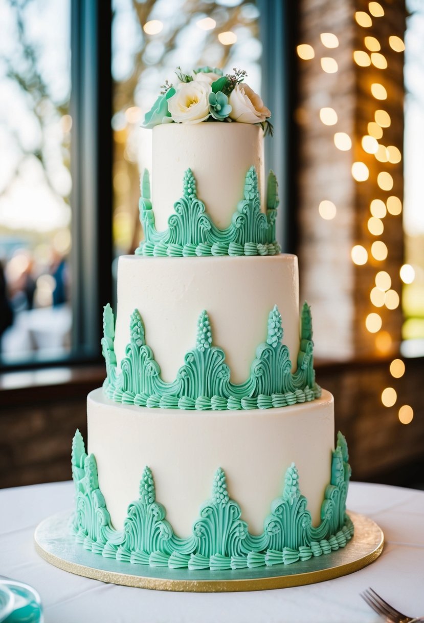 A white wedding cake adorned with intricate seafoam green icing details