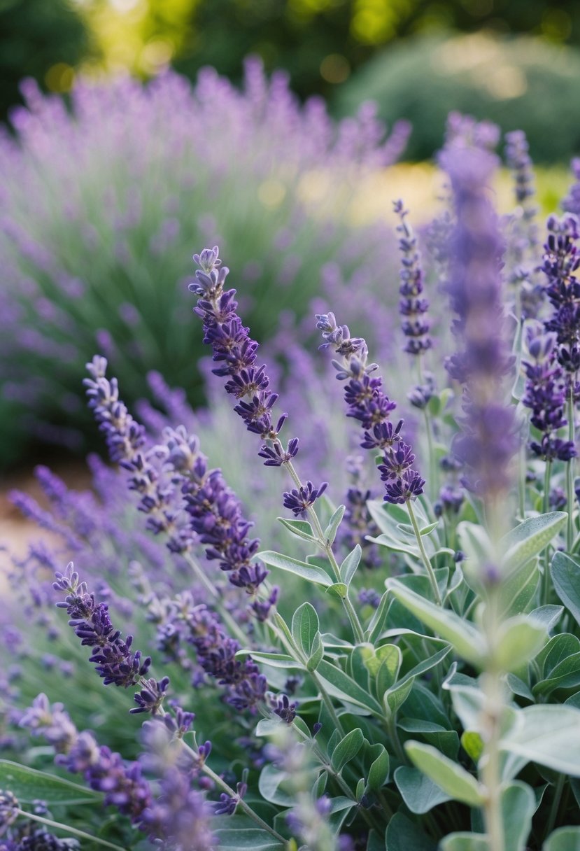 A serene garden with lavender and sage decor, featuring purple and sage green wedding colors