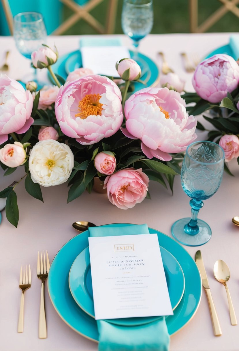 A table adorned with dusty pink peonies and roses, complemented by tiffany blue accents