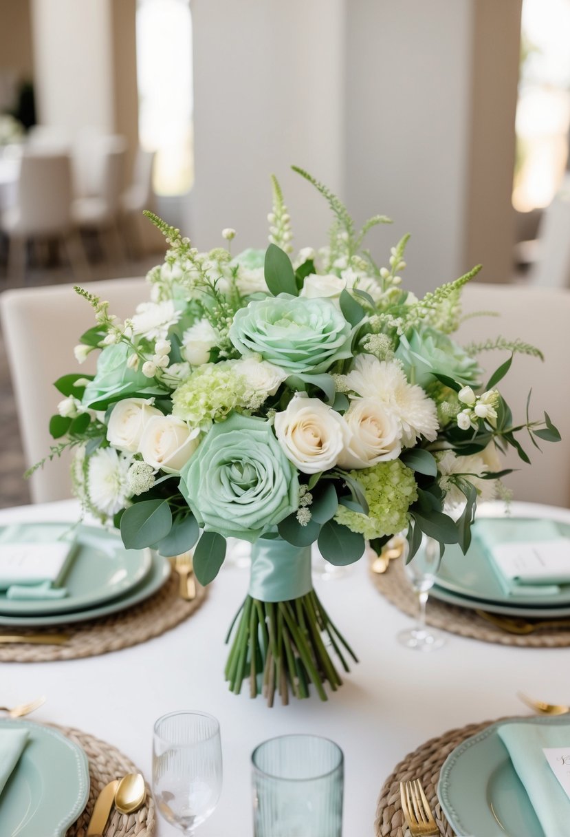 A seafoam green wedding bouquet surrounded by neutral-colored table settings and decor