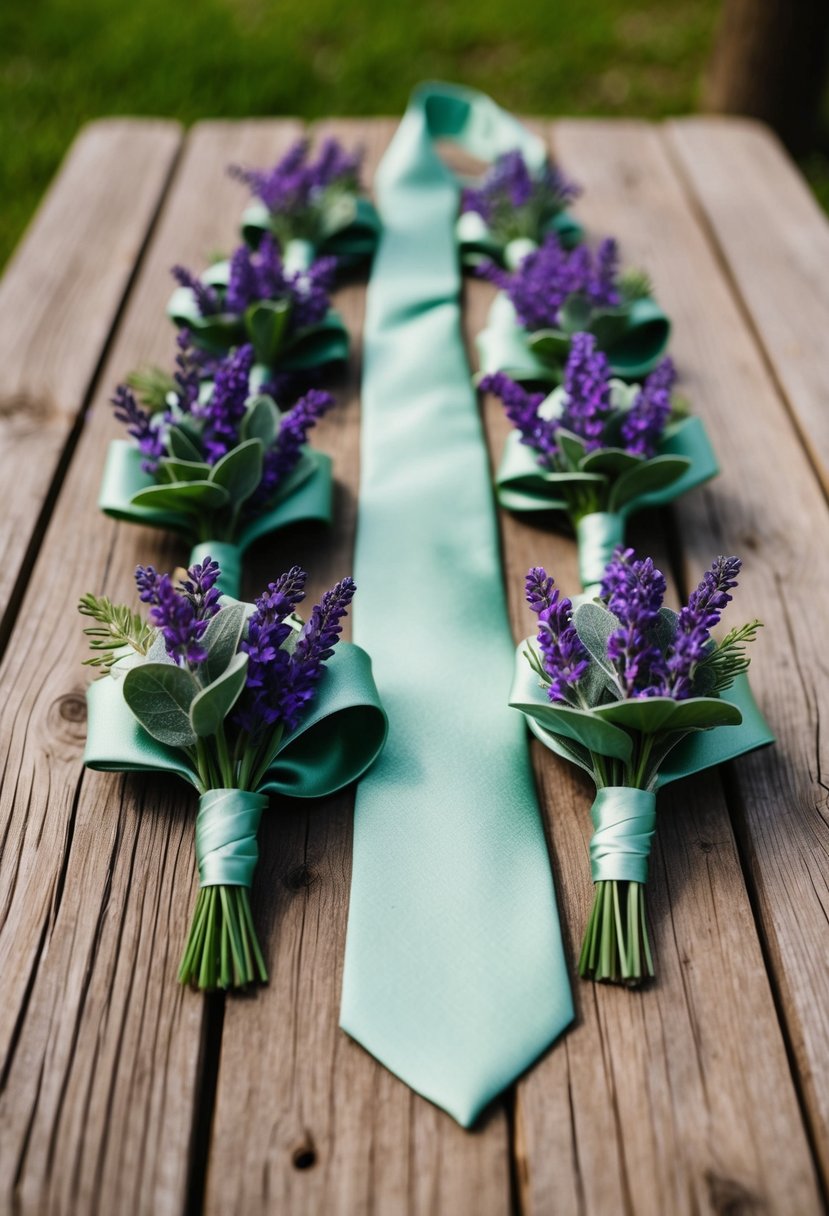 Sage green ties and lavender boutonnieres arranged on a rustic wooden table