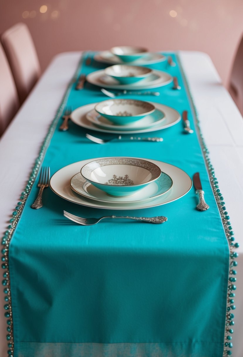 Tiffany blue table runners with intricate silverware detailing, set against a backdrop of dusty pink accents