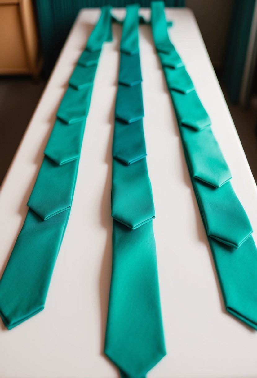 A group of seafoam green ties arranged neatly on a table