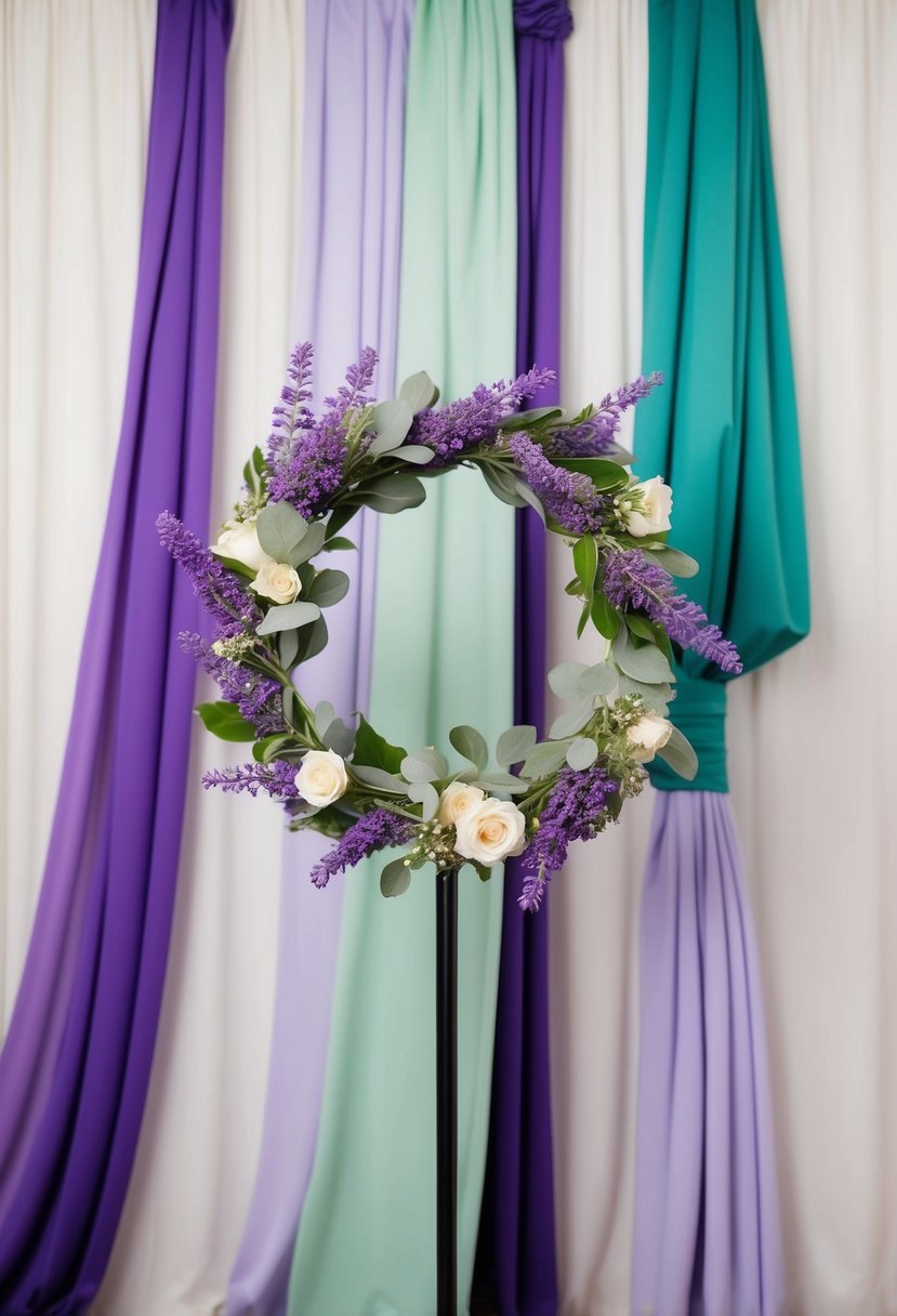 A photo booth backdrop with lavender and sage green colors intertwined in a wedding setting