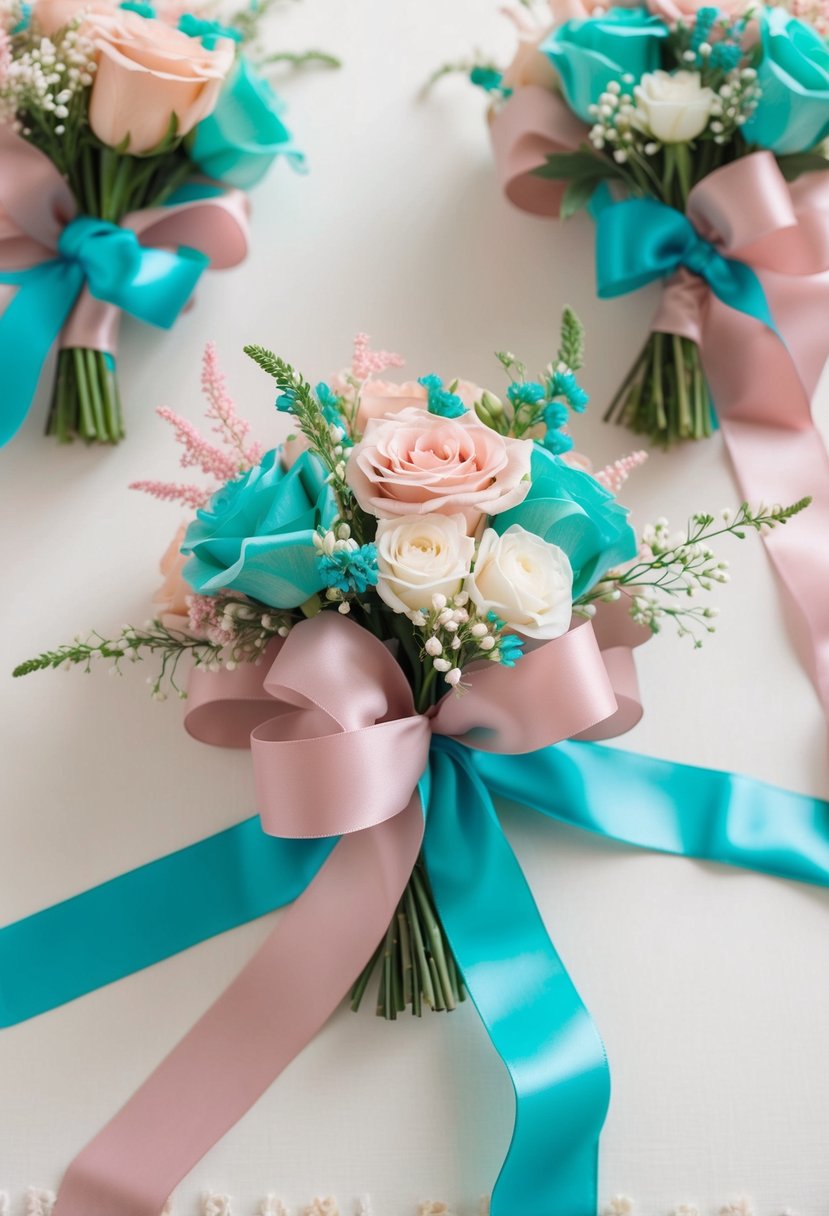 Dusty pink ribbons intertwined with tiffany blue accents adorn bridal bouquets, creating a romantic and elegant wedding color scheme