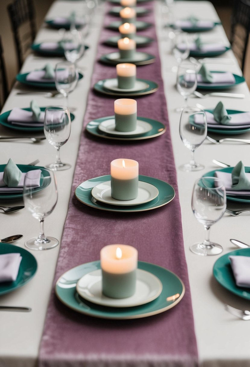 Lavender velvet table runners with sage green accents laid out on a table