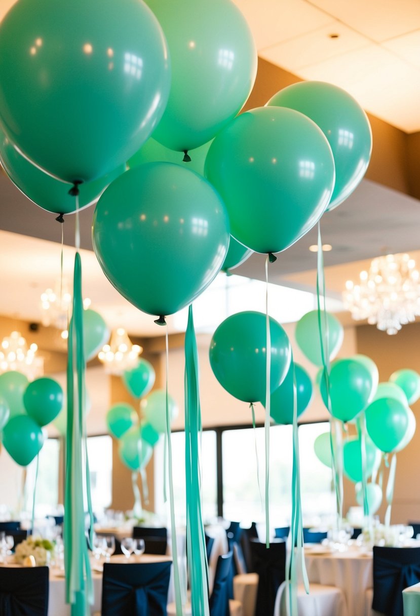 Seafoam green balloons fill the reception space, creating a playful and whimsical atmosphere