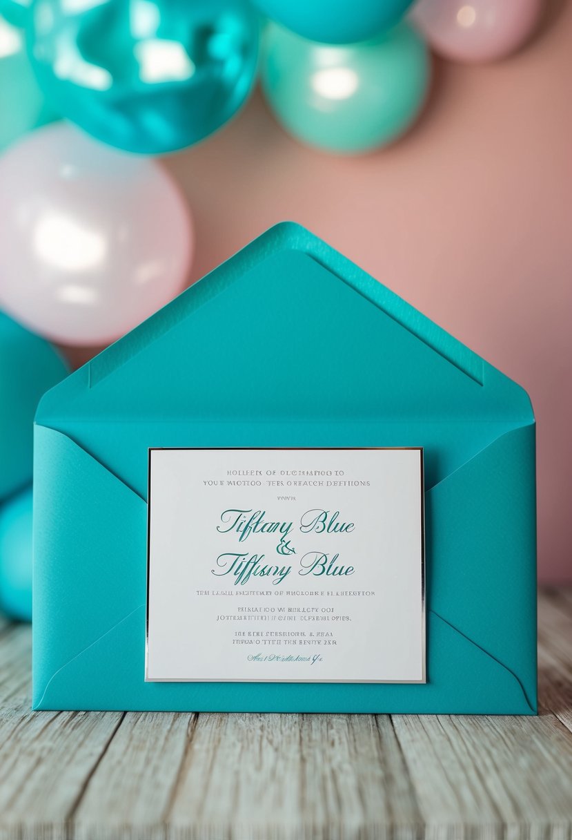 Elegant tiffany blue wedding invitations with silver lettering against a backdrop of tiffany blue and dusty pink color scheme