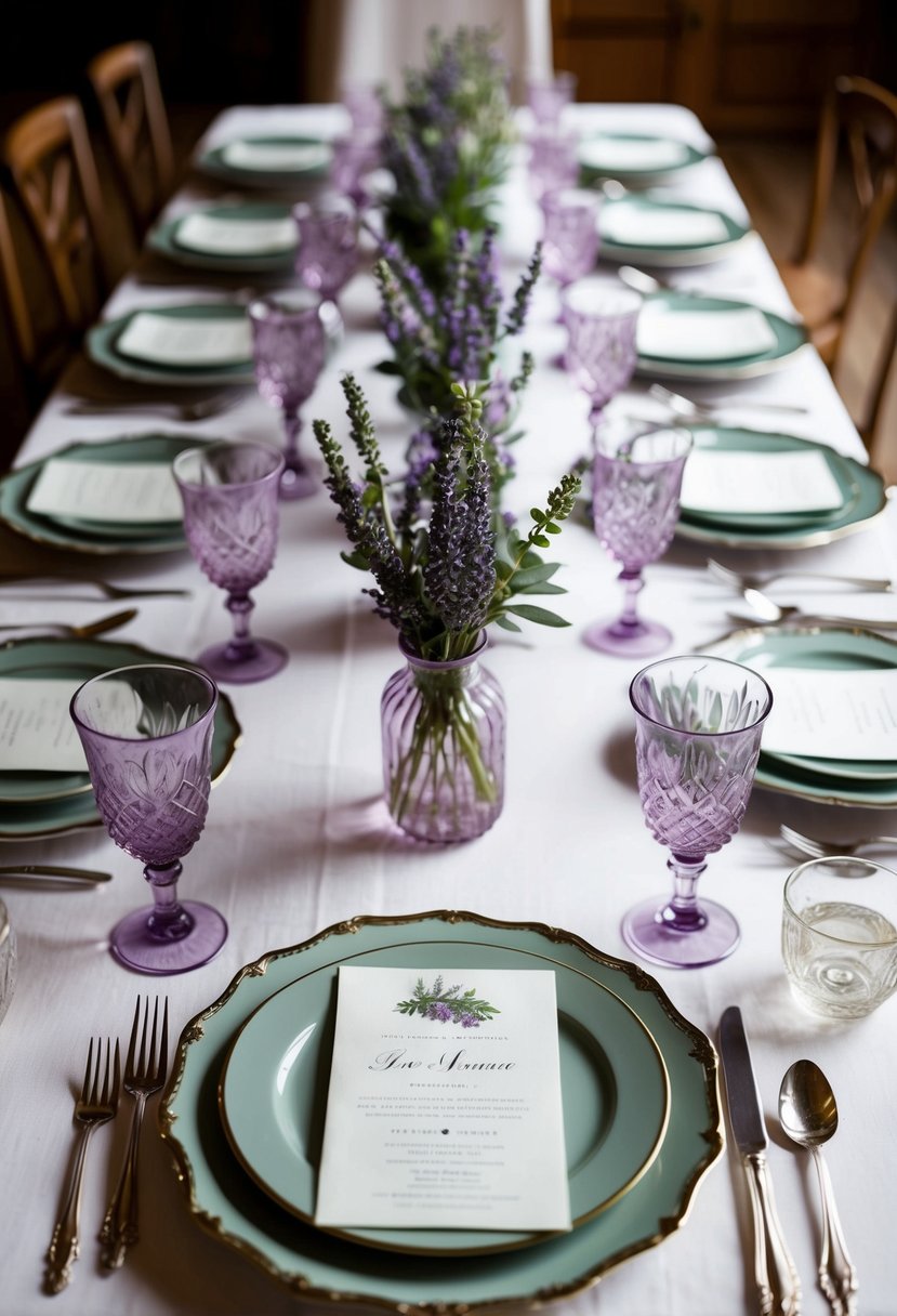 A table set with vintage lavender and sage green tableware for a wedding celebration