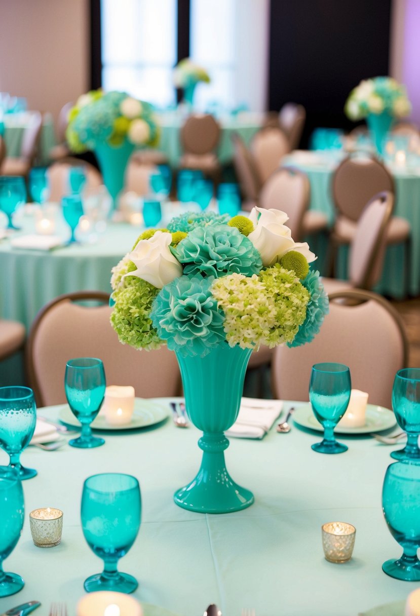 Seafoam green centerpieces arranged on a table, surrounded by coordinating decor