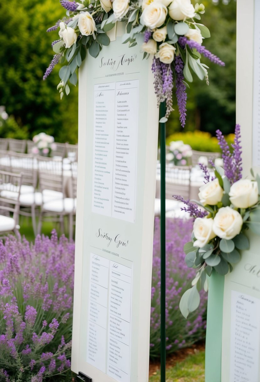 A serene garden setting with lavender and sage green accents, featuring elegant seating charts and wedding decor