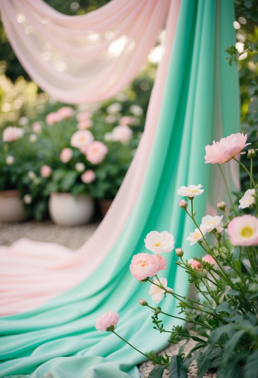 Seafoam green and pastel pink blend in a serene garden, with delicate flowers and flowing fabric creating a romantic ambiance