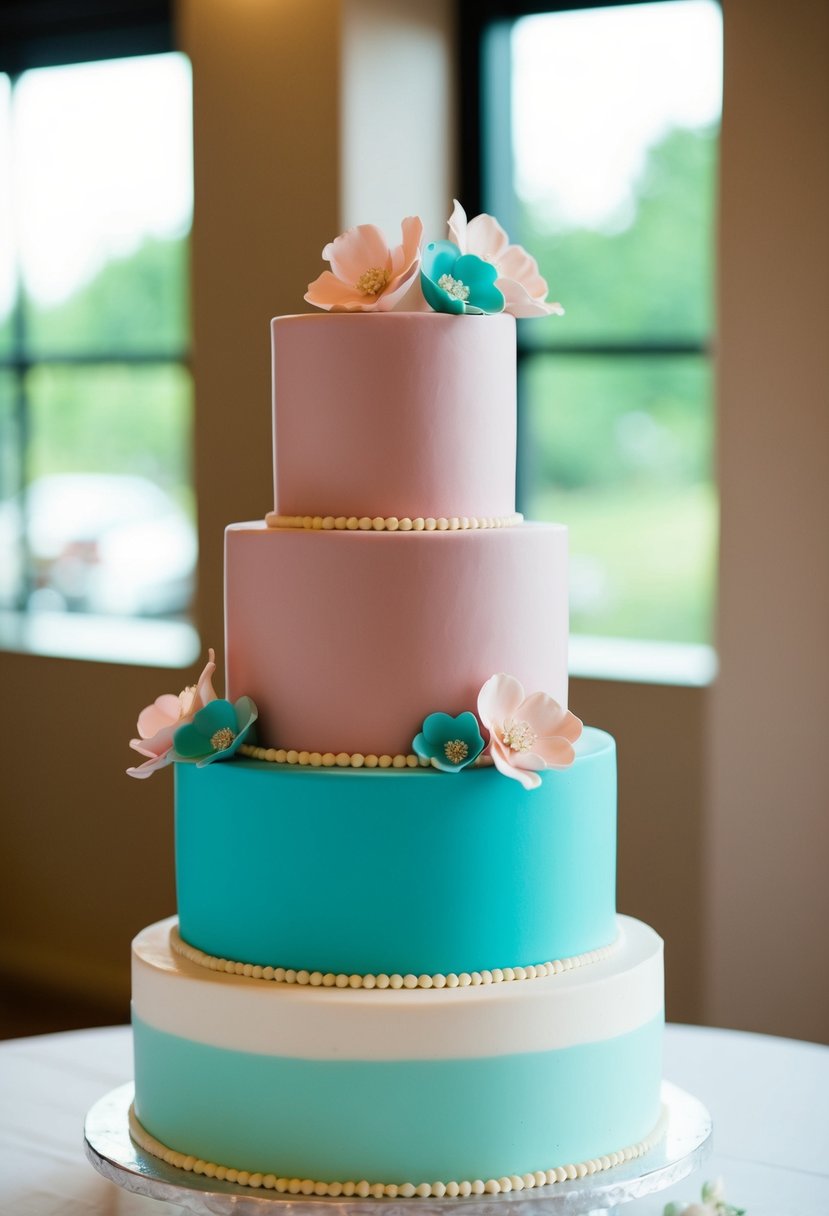 A three-tiered wedding cake in dusty pink and tiffany blue, adorned with delicate sugar flowers in matching colors