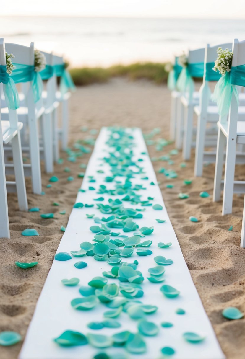 Seafoam green petals scattered on white aisle runner at beachfront wedding