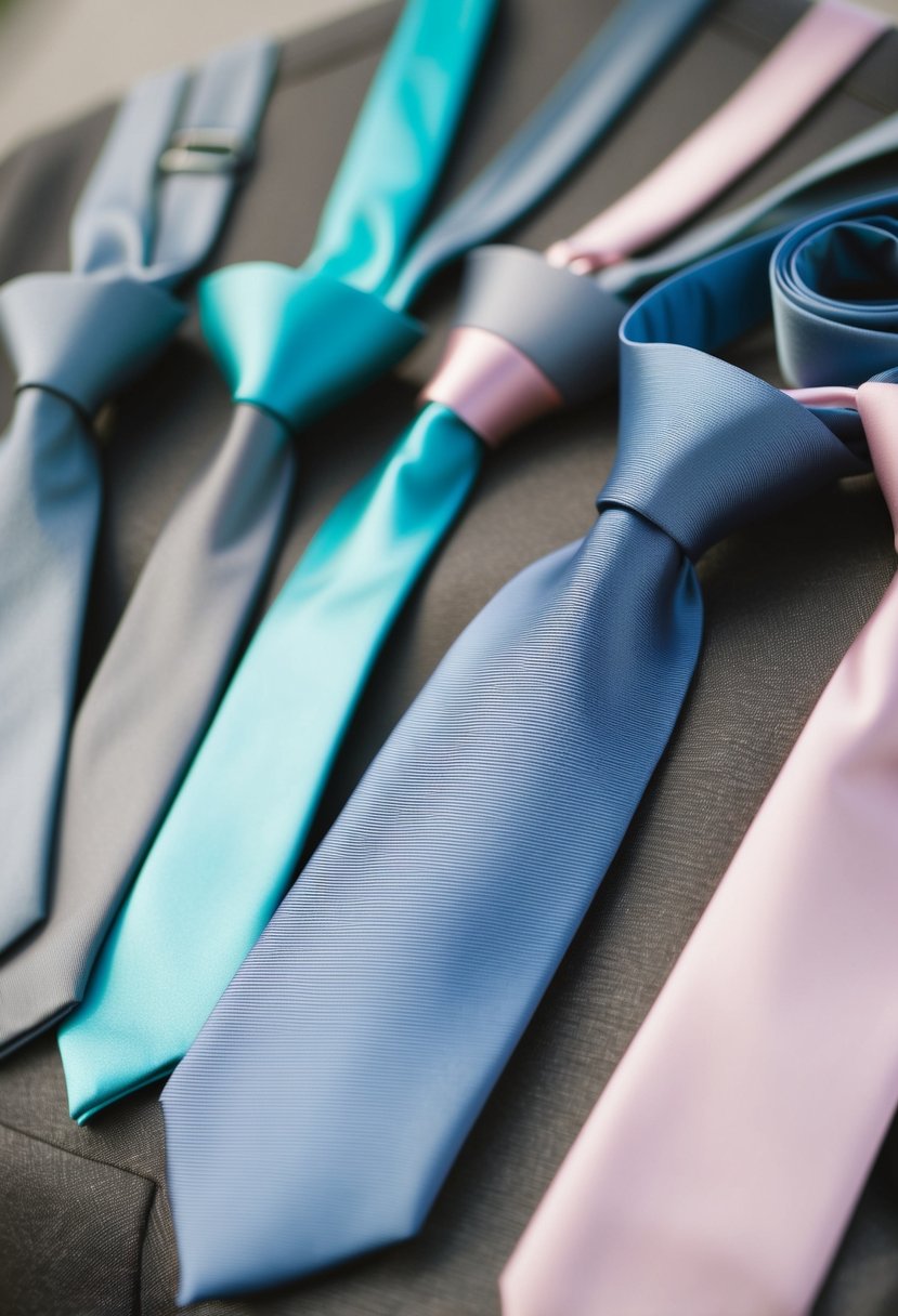 Groomsmen ties in gray and tiffany blue, alongside dusty pink accents