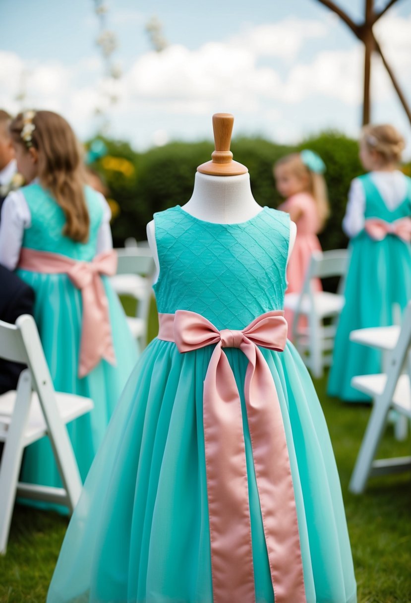 Dusty pink sashes tied around tiffany blue flower girl dresses at a wedding