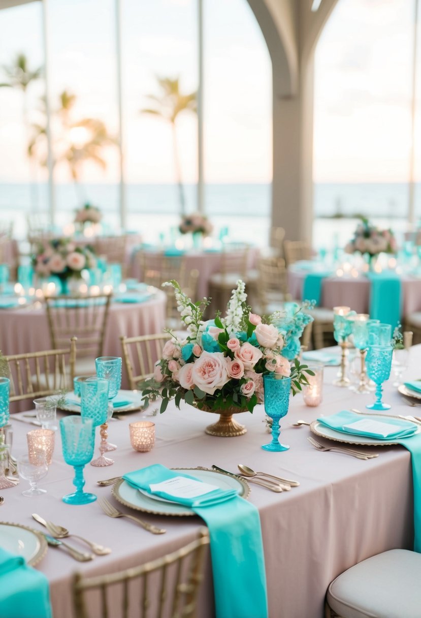 A vintage-style table adorned with tiffany blue centerpieces and dusty pink accents, evoking a romantic and elegant wedding color scheme