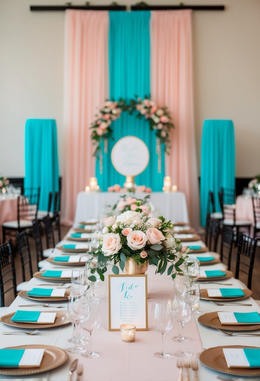 A wedding reception with dusty pink and tiffany blue seating charts, adorned with matching decor and flowers