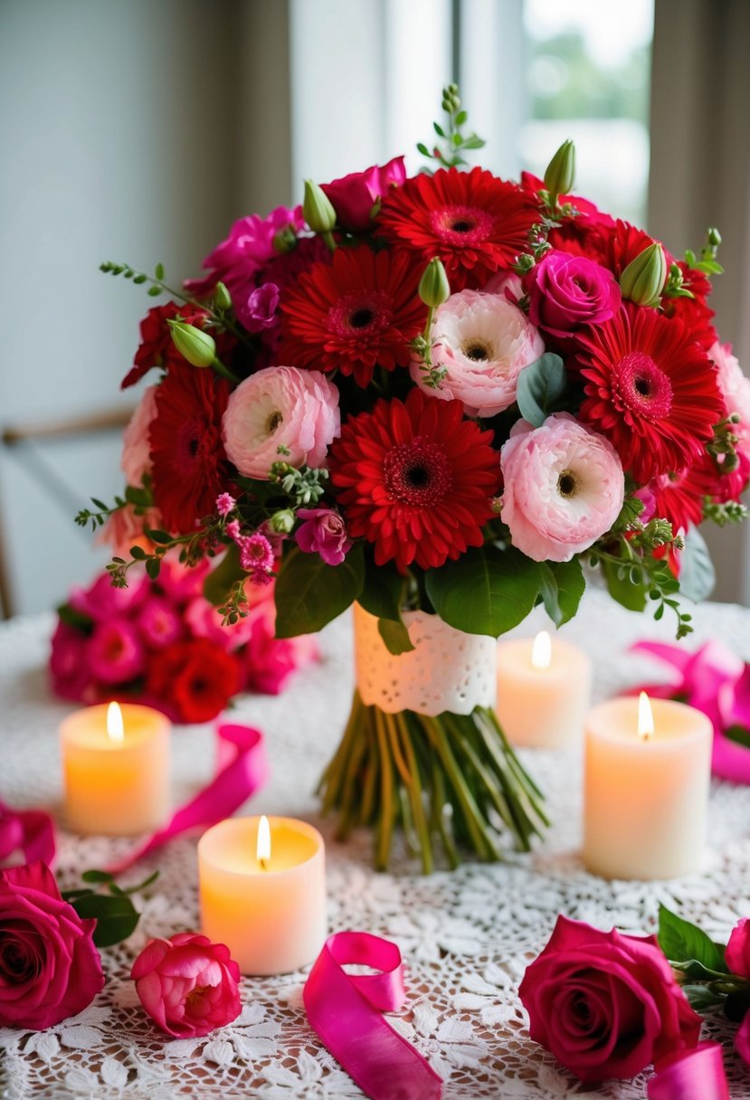 A vibrant bouquet of red and pink flowers arranged on a white lace tablecloth, surrounded by flickering candles and delicate ribbons