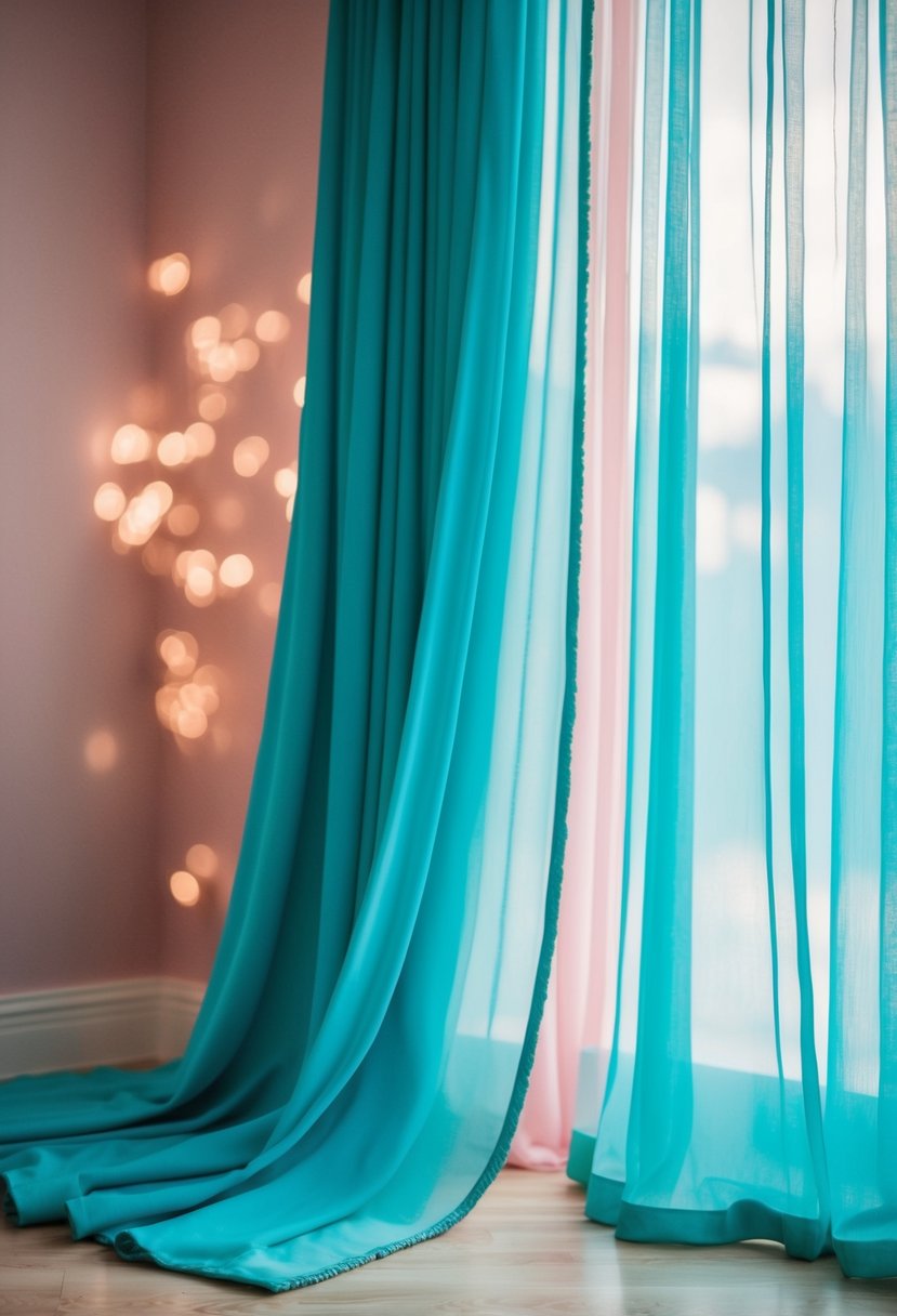 Tiffany blue drapes cascading with soft dusty pink lighting