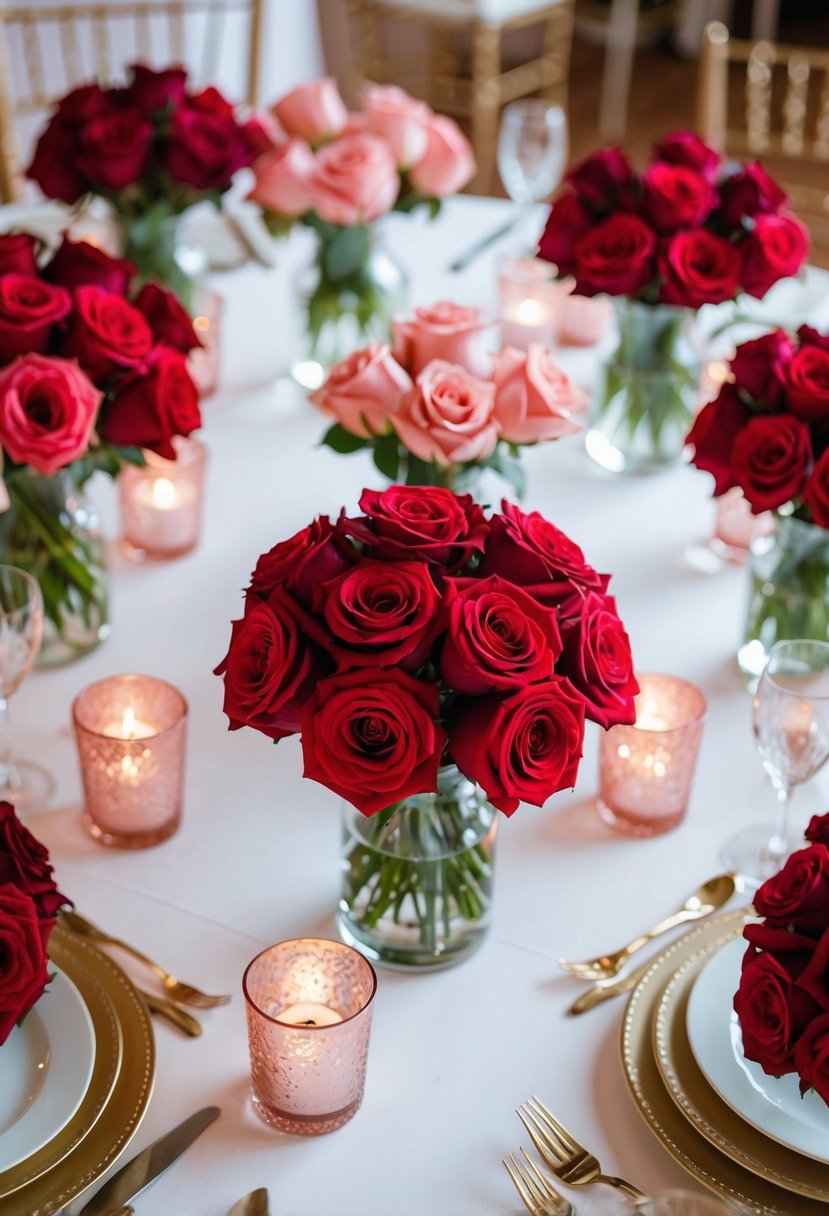 A table adorned with elegant red rose bouquets in shades of red and pink, creating a romantic and sophisticated wedding color palette