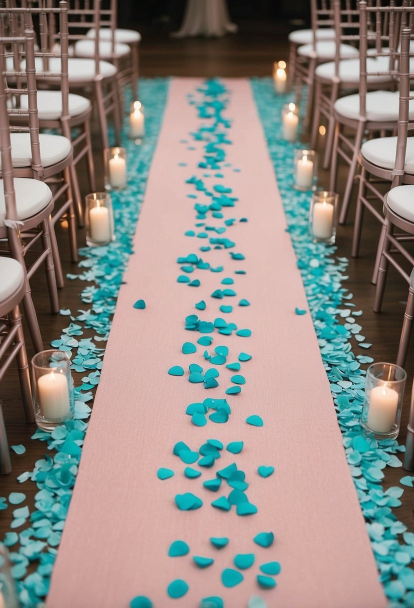 Dusty pink aisle runners adorned with tiffany blue petals create a romantic and elegant atmosphere for a wedding ceremony