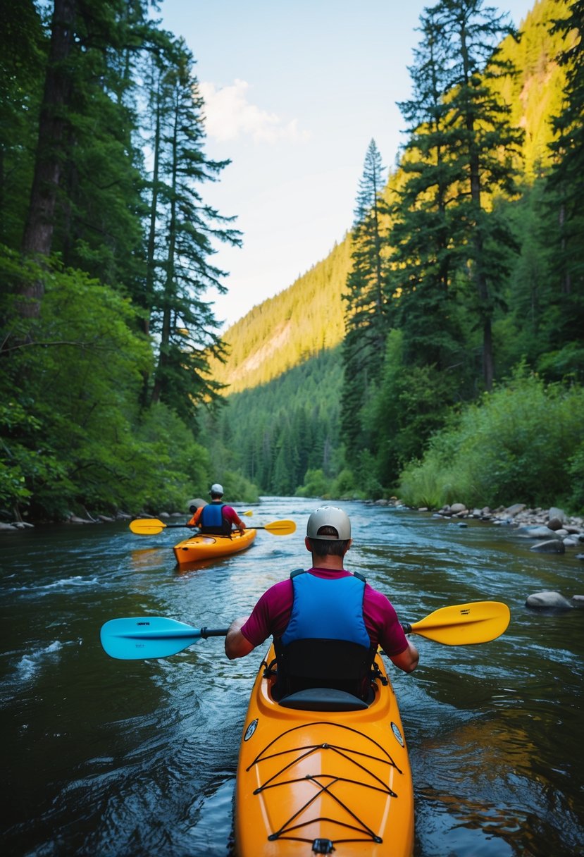 A couple kayaking through a lush, winding river surrounded by towering trees and vibrant wildlife