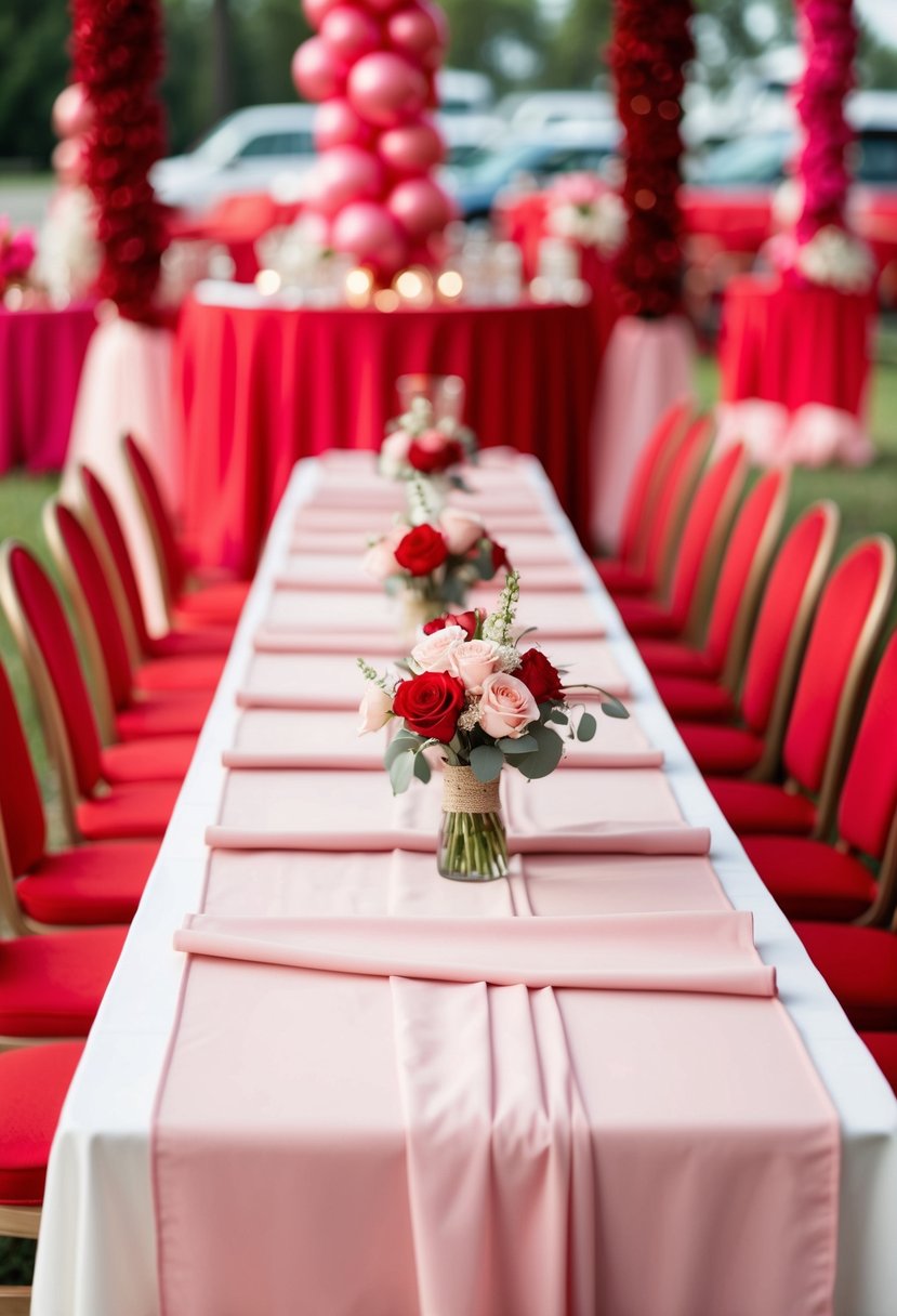 Blush pink table runners draped across a table, surrounded by red and pink wedding decor