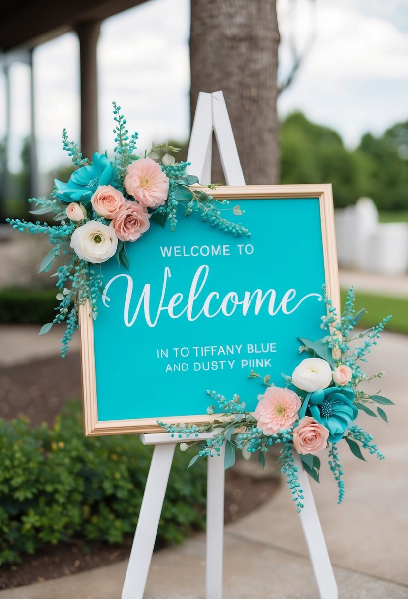 A tiffany blue welcome sign adorned with delicate floral embellishments in tiffany blue and dusty pink