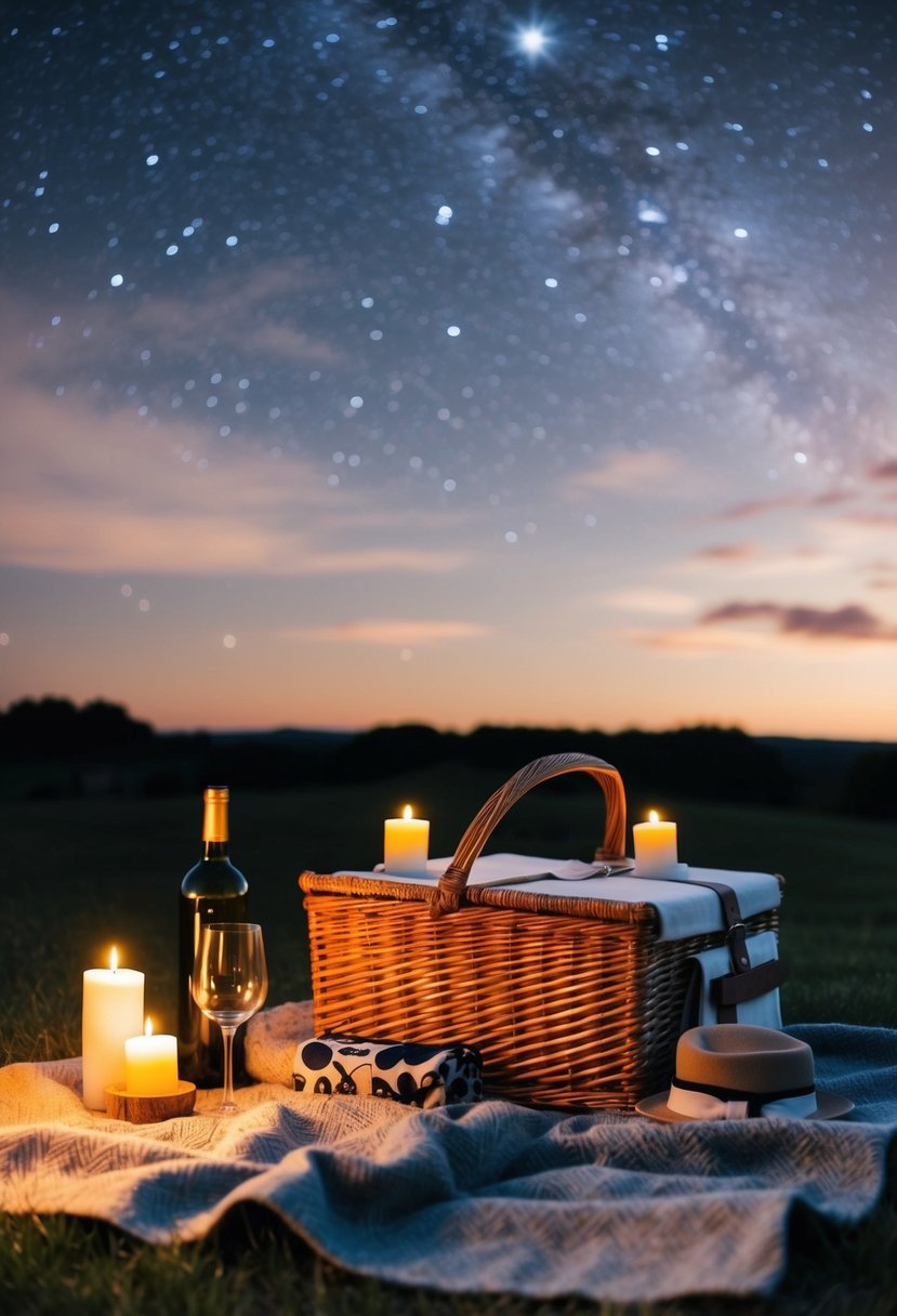 A cozy blanket spread under a starry sky with a picnic basket, candles, and wine glasses