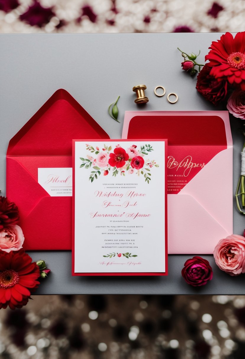 A vibrant red and pink wedding invitation suite with floral motifs and elegant calligraphy