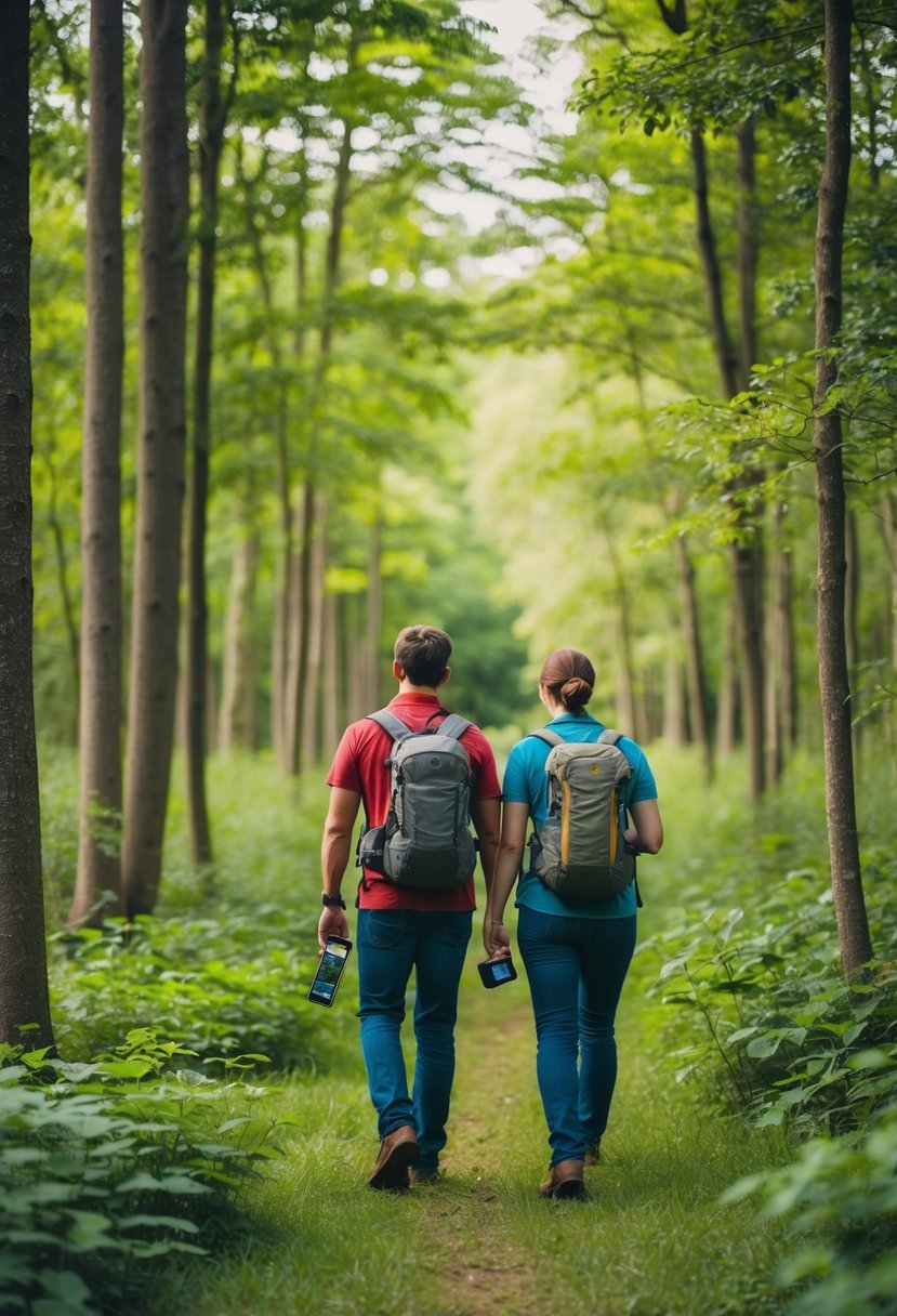 A couple searches through a lush forest, using GPS to find hidden treasures in geocaching adventure