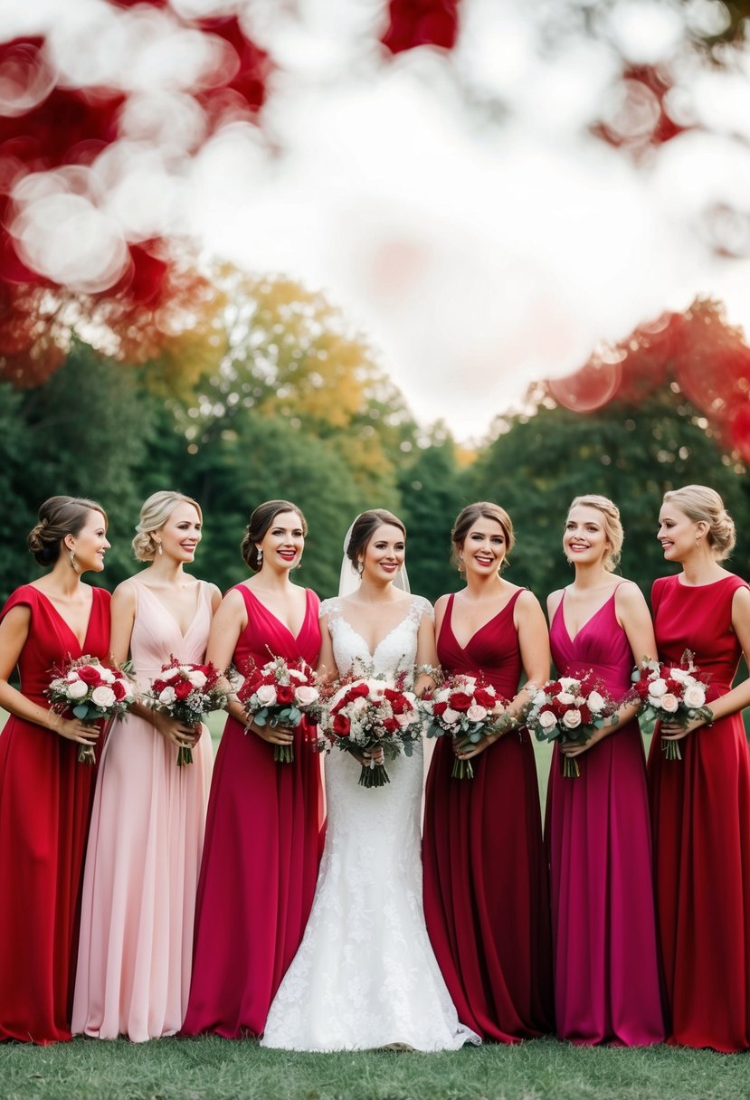 A group of bridesmaid dresses in shades of scarlet red and pink, arranged in a beautiful wedding color palette