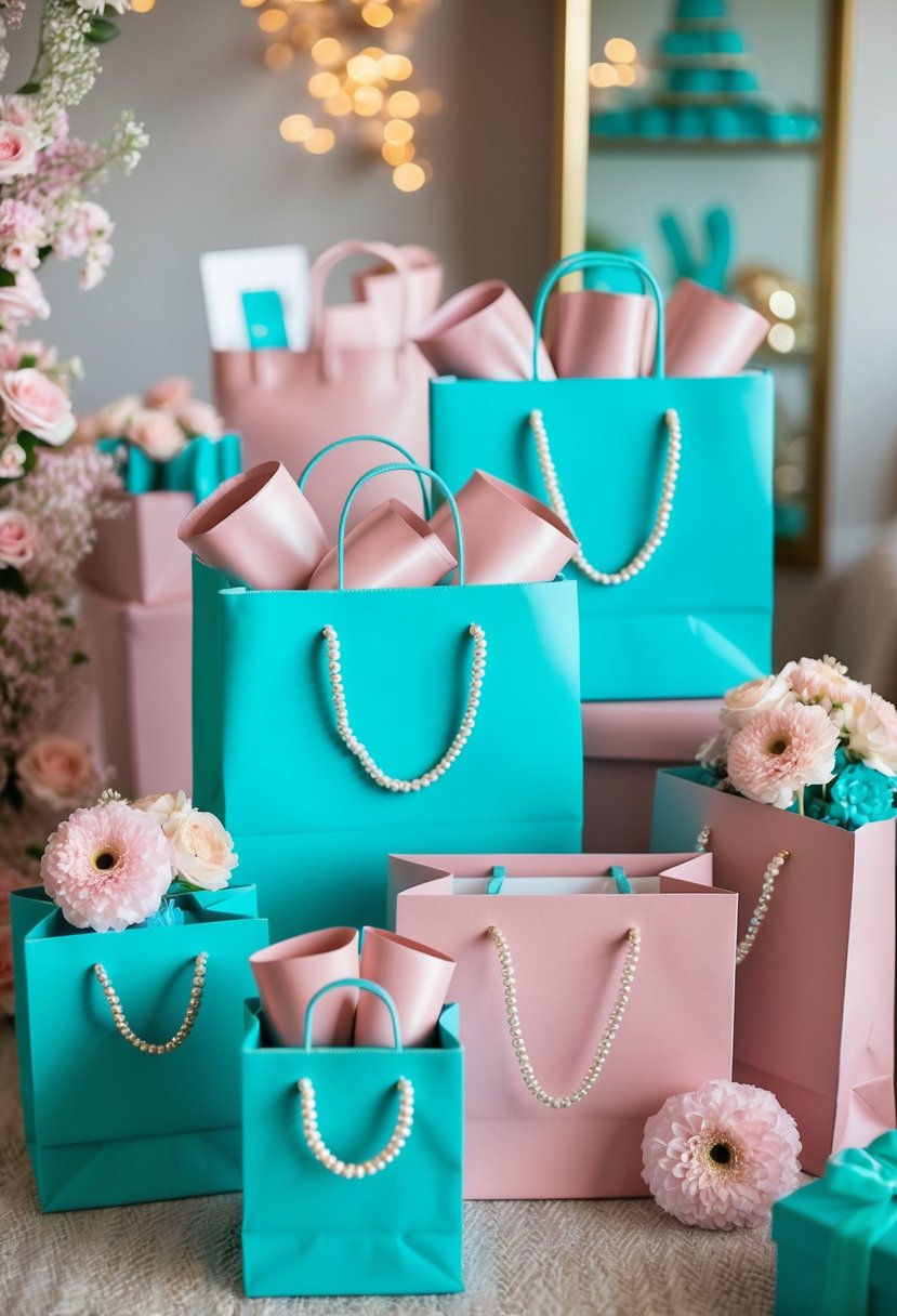 Tiffany Blue bags filled with Dusty Pink gifts, surrounded by matching decor and flowers