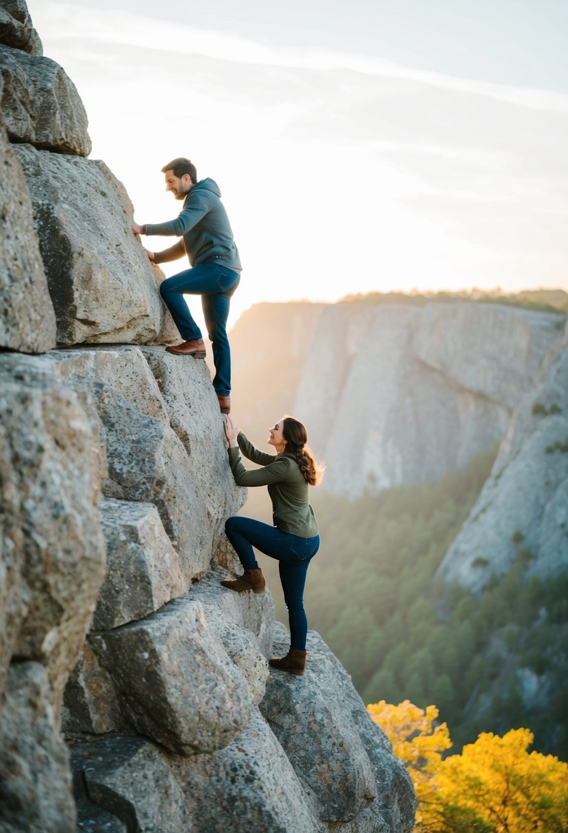 A couple scaling a rocky cliff in a picturesque outdoor setting