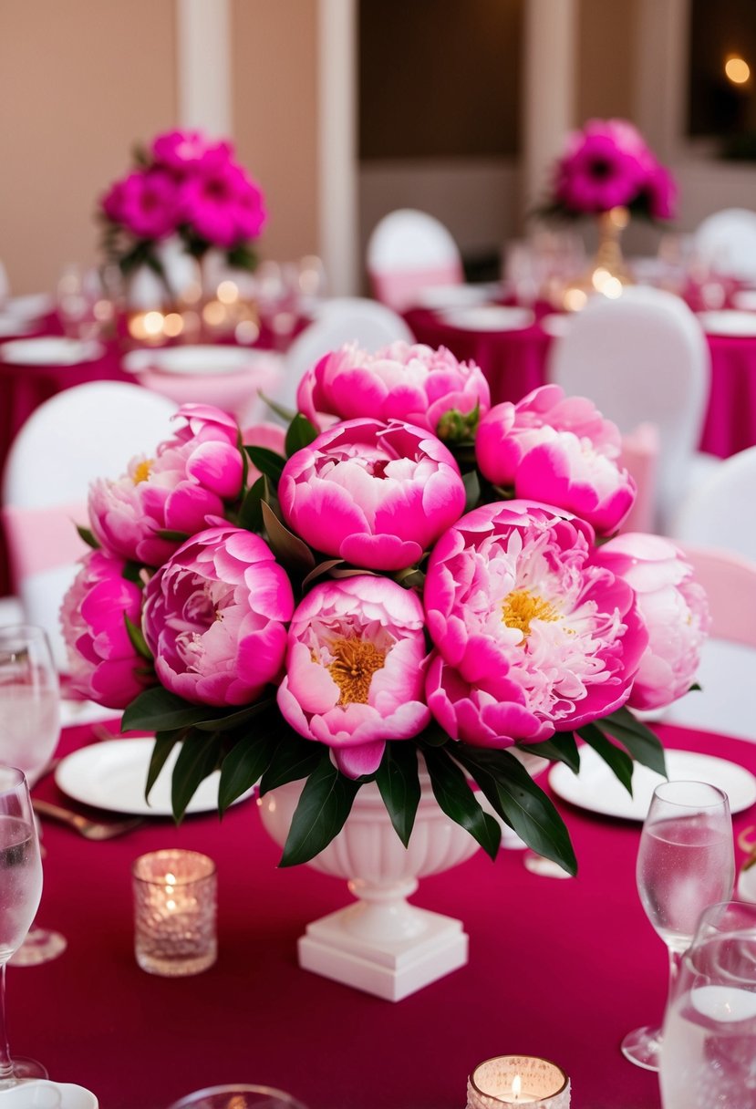 Lush pink peony centerpieces adorn a wedding reception, adding a pop of color and elegance to the romantic red and pink color scheme