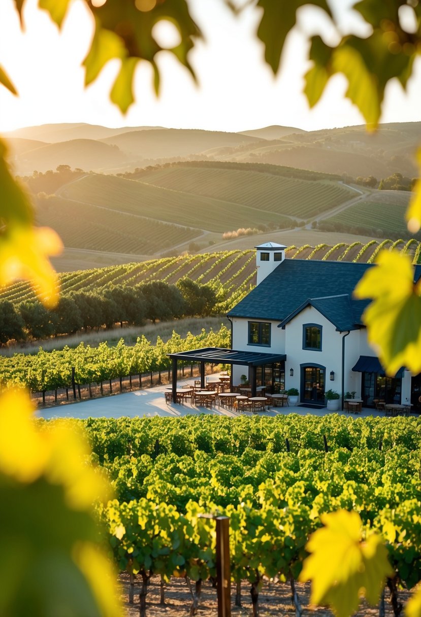 Vineyard overlooking rolling hills, rows of grapevines, and a charming tasting room with outdoor seating. Sunlight filters through the leaves, creating a warm and inviting atmosphere