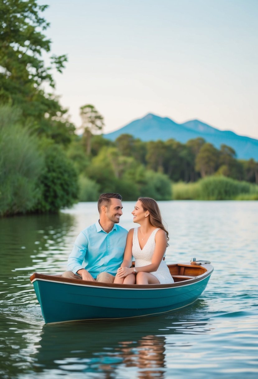 A couple in a small boat, surrounded by calm waters and lush greenery, with a distant mountain backdrop