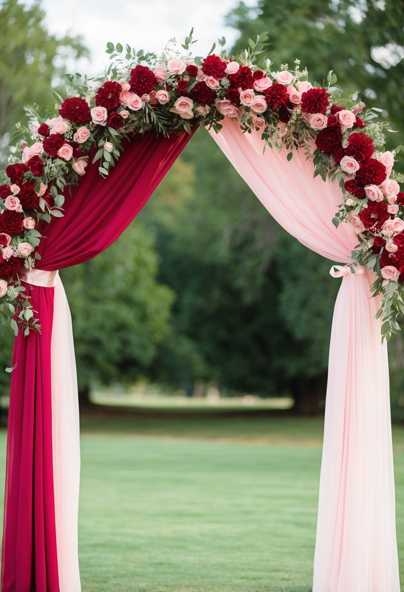 A crimson and pink wedding archway adorned with flowers and ribbons