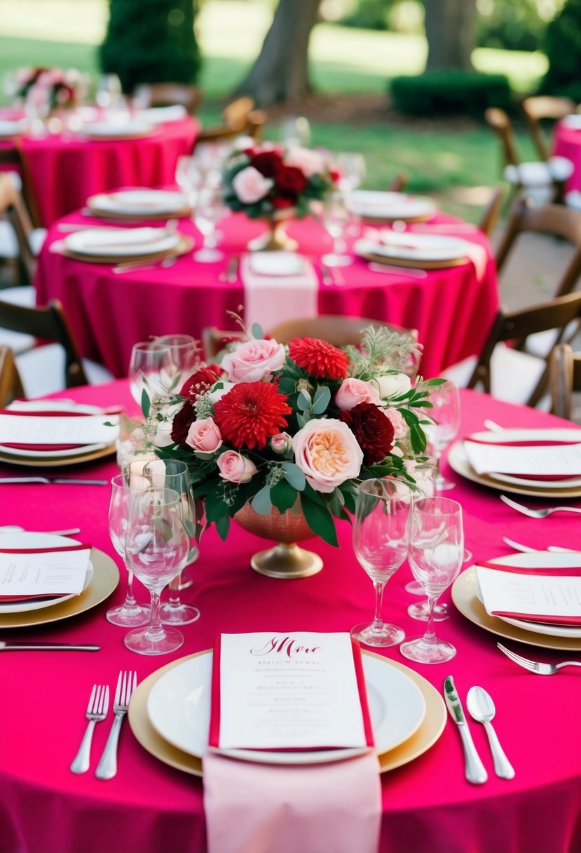 A table set with red and pink accents for a wedding, featuring cerise tablecloths, floral centerpieces, and elegant place settings