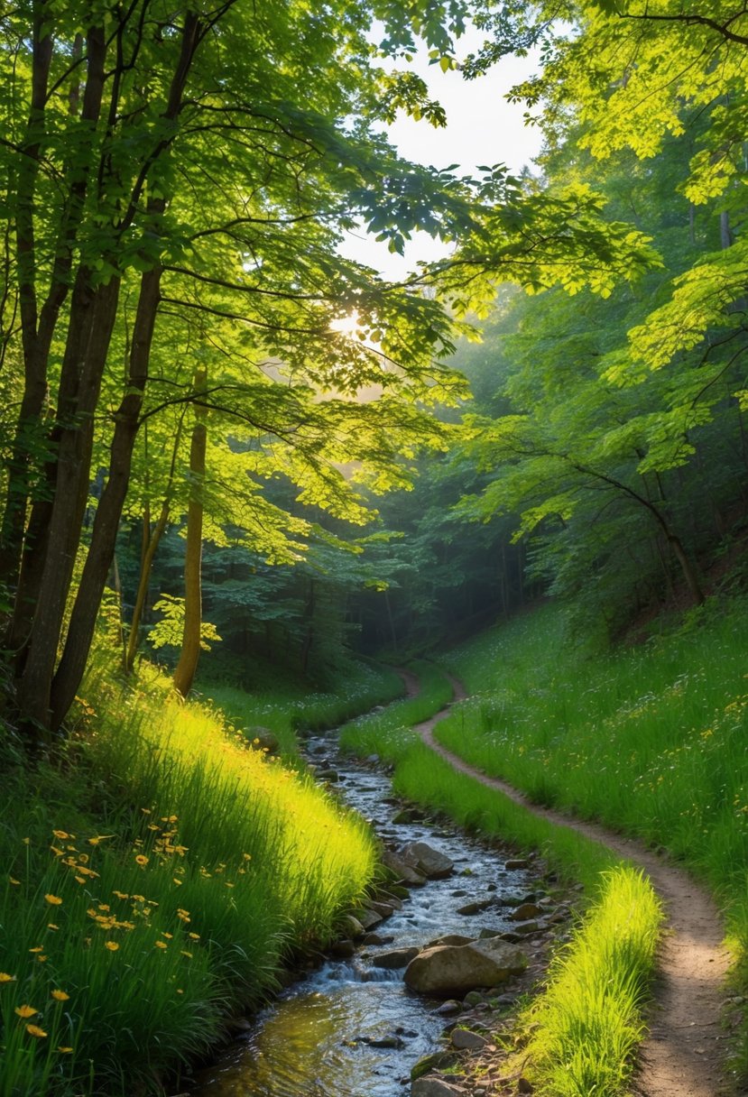 A winding trail through a lush forest, sunlight filtering through the leaves. A small stream meanders alongside, with colorful wildflowers dotting the path